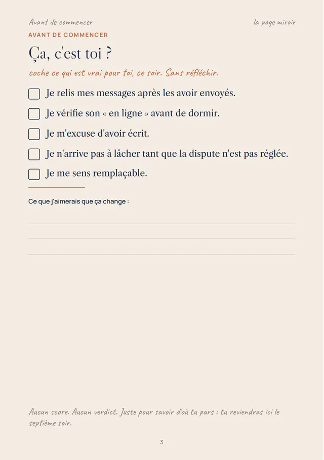 Page 3 du carnet : « Ça, c'est toi ? », cinq cases à cocher