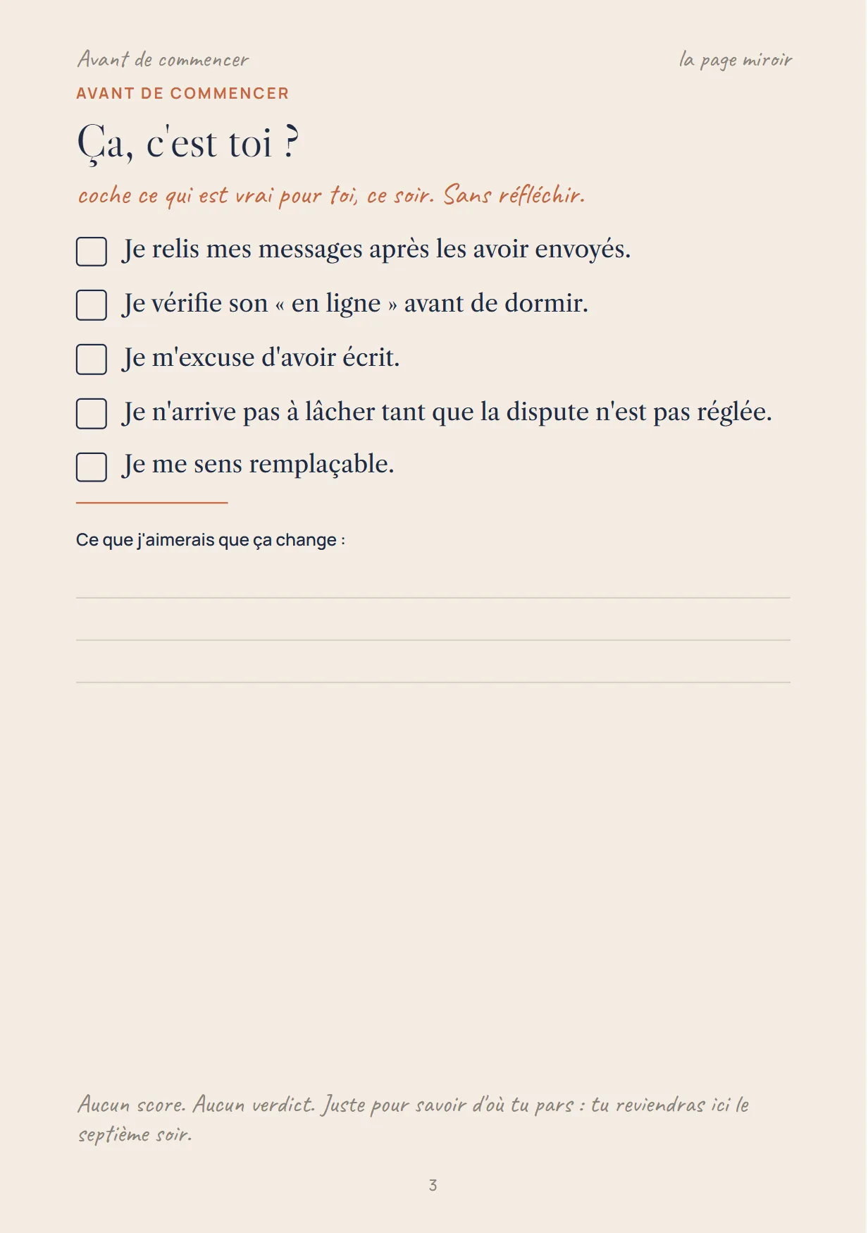Page 3 du carnet : « Ça, c'est toi ? », cinq cases à cocher