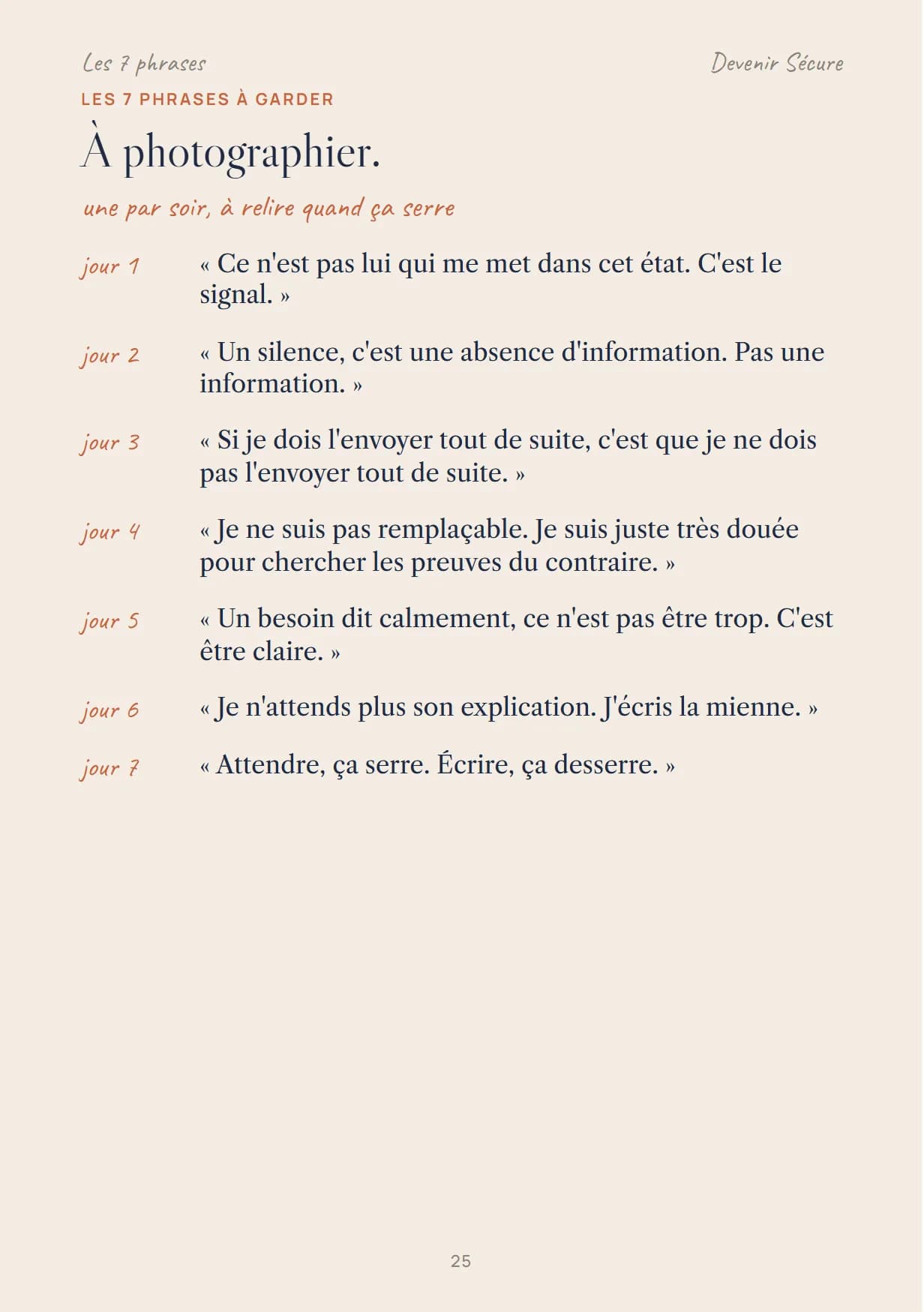 Page 25 du carnet : les 7 phrases à garder